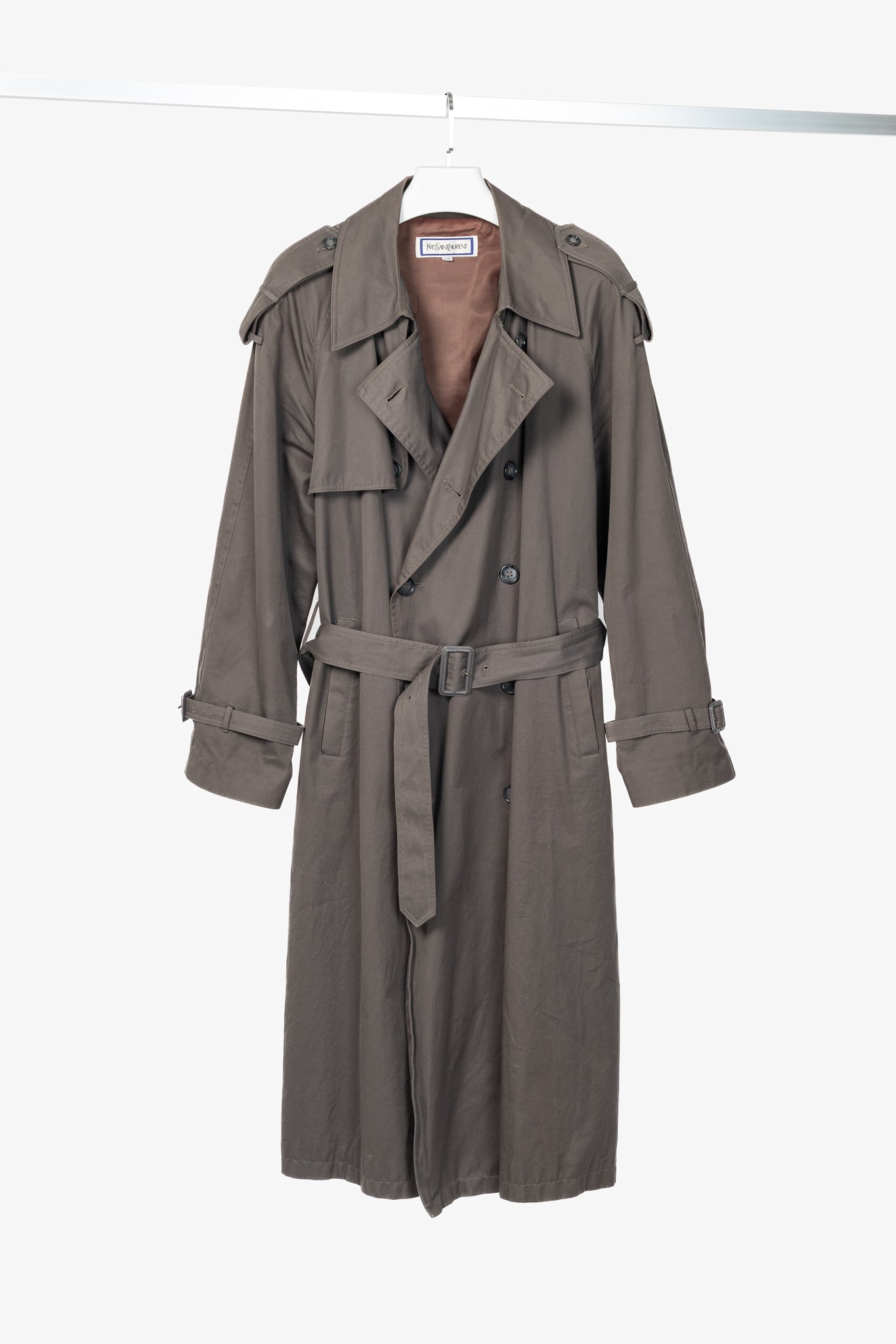 Yves Saint Laurent Grey Cotton-Twill Double-Breasted Belted Trench Coat
