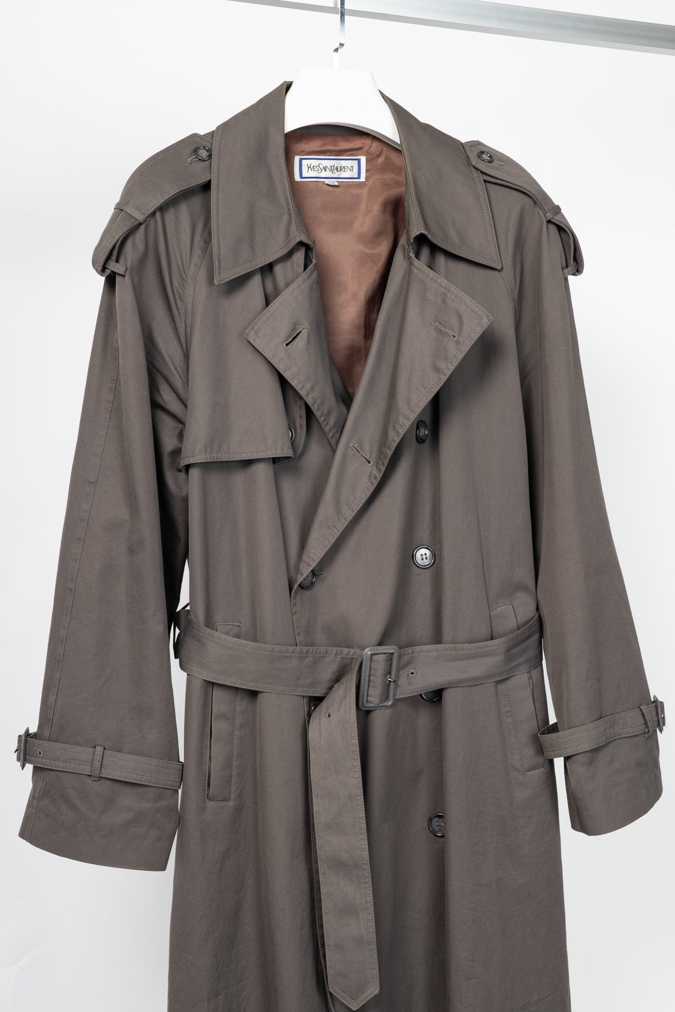 Yves Saint Laurent Grey Cotton-Twill Double-Breasted Belted Trench Coat