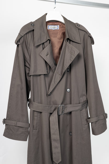 Yves Saint Laurent Grey Cotton-Twill Double-Breasted Belted Trench Coat
