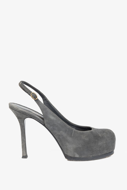 Yves Saint Laurent Tribtoo Grey Suede Platform Slingback Pumps