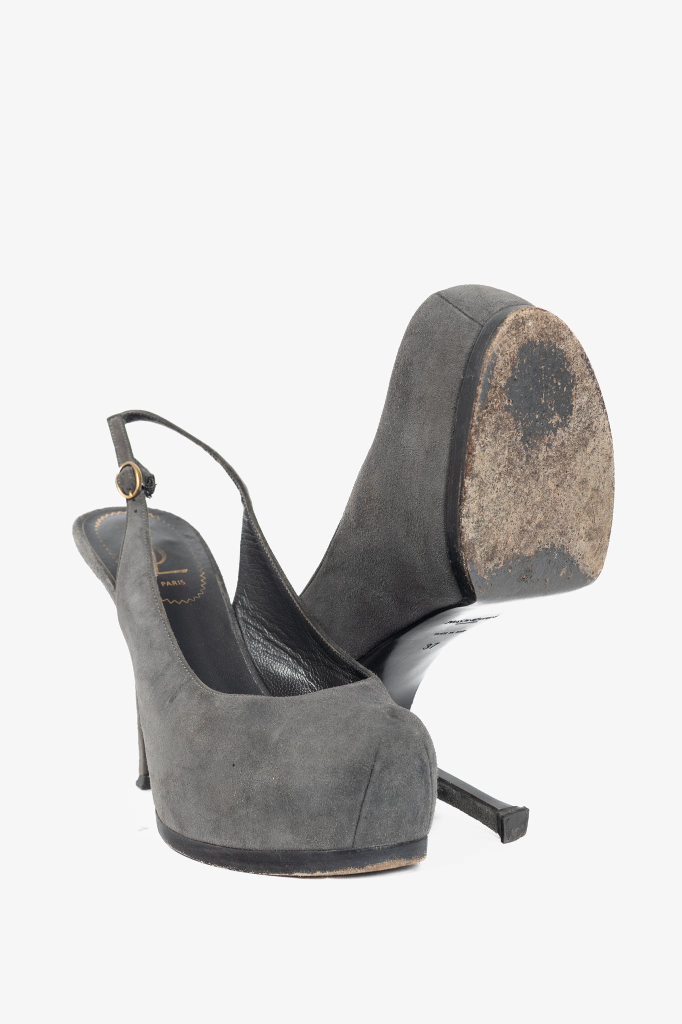 Yves Saint Laurent Tribtoo Grey Suede Platform Slingback Pumps