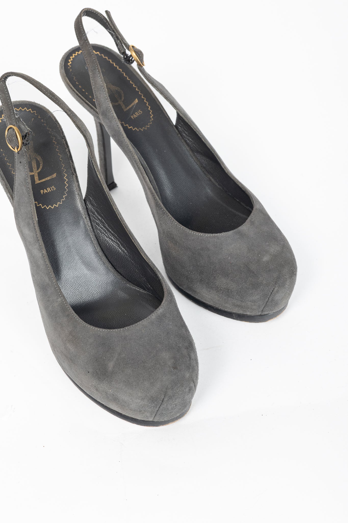 Yves Saint Laurent Tribtoo Grey Suede Platform Slingback Pumps