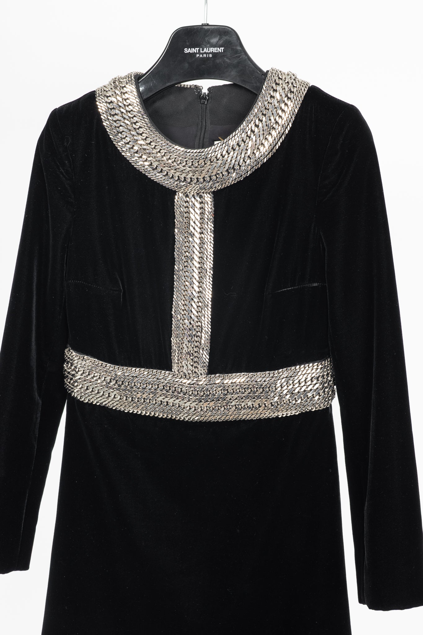 Saint Laurent AW/14 Runway Black Velvet Chain-Embellished Mini Dress