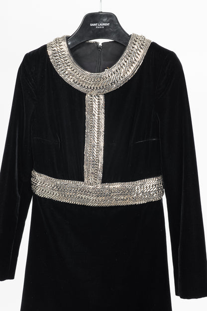 Saint Laurent AW/14 Runway Black Velvet Chain-Embellished Mini Dress