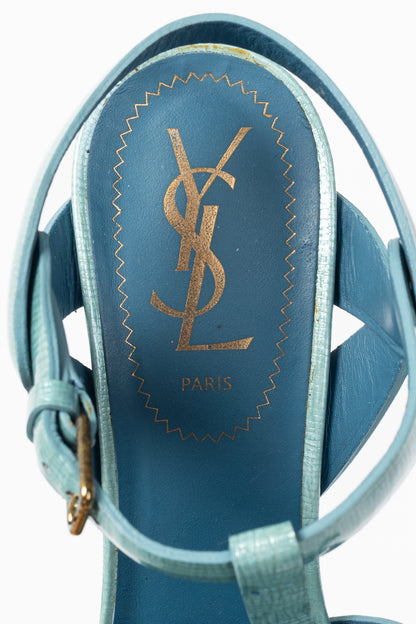 Yves Saint Laurent Tribute 105 Azur Paille Patent Platform Sandals
