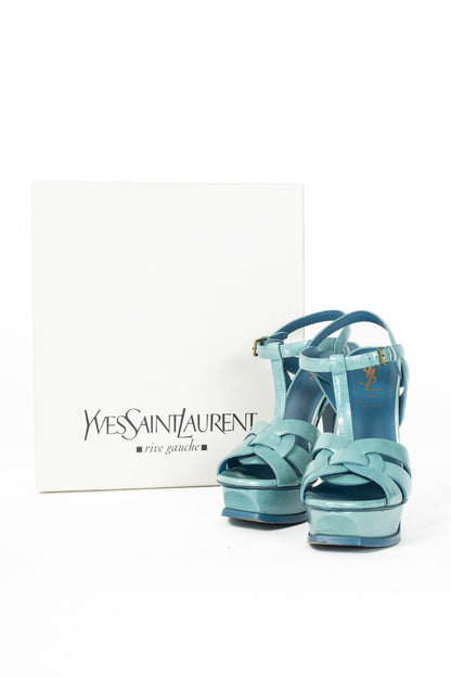 Yves Saint Laurent Tribute 105 Azur Paille Patent Platform Sandals