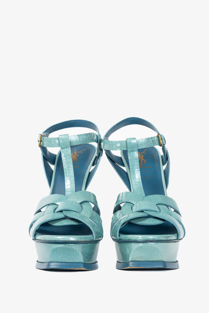 Yves Saint Laurent Tribute 105 Azur Paille Patent Platform Sandals