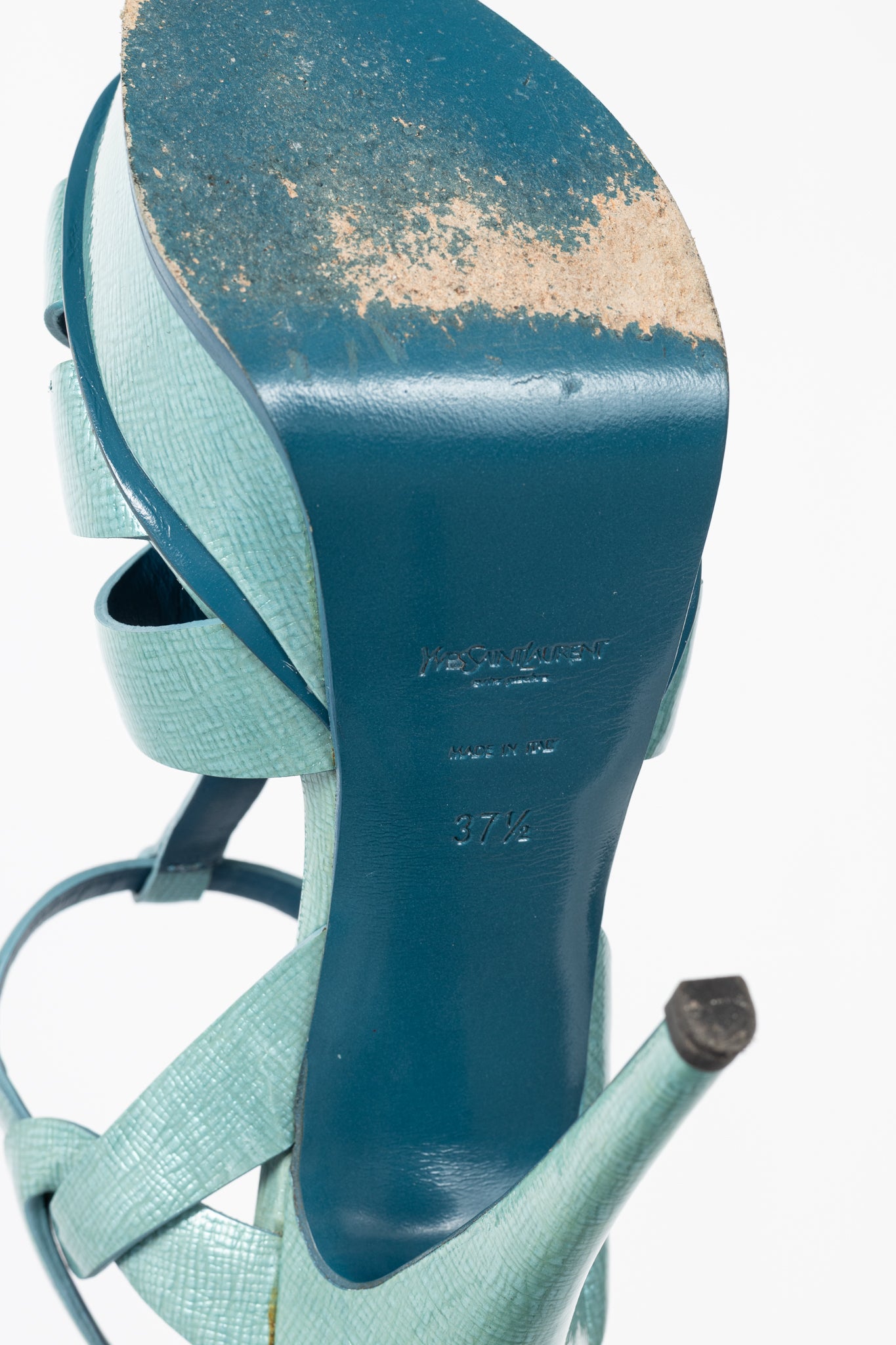 Yves Saint Laurent Tribute 105 Azur Paille Patent Platform Sandals