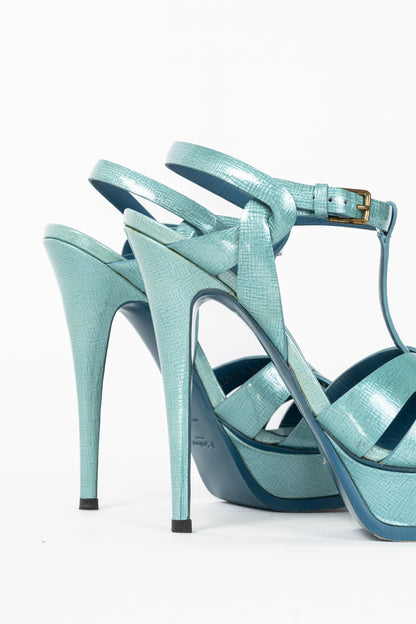 Yves Saint Laurent Tribute 105 Azur Paille Patent Platform Sandals