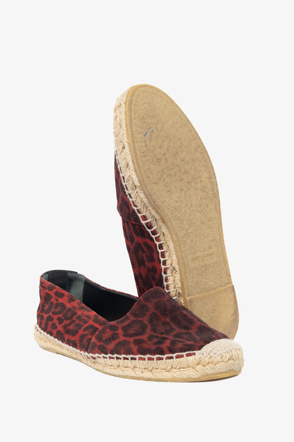 Saint Laurent Red Leopard Suede Flat Espadrilles