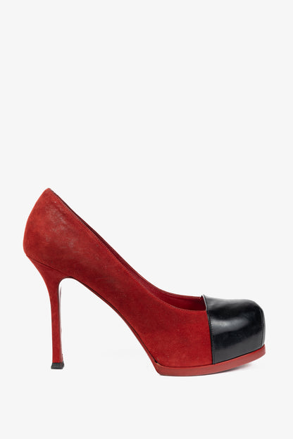 Yves Saint Laurent Tribtoo 80 Platform Poppy Kid Scamosciato & Nero Vinil Lux Cap-Toe Pumps