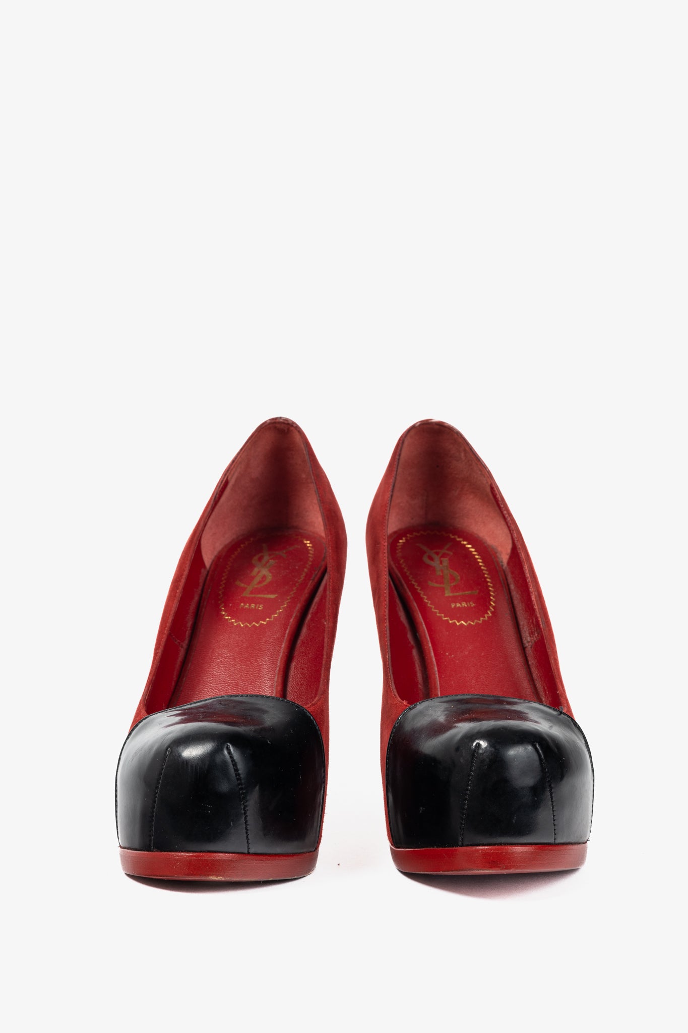 Yves Saint Laurent Tribtoo 80 Platform Poppy Kid Scamosciato & Nero Vinil Lux Cap-Toe Pumps