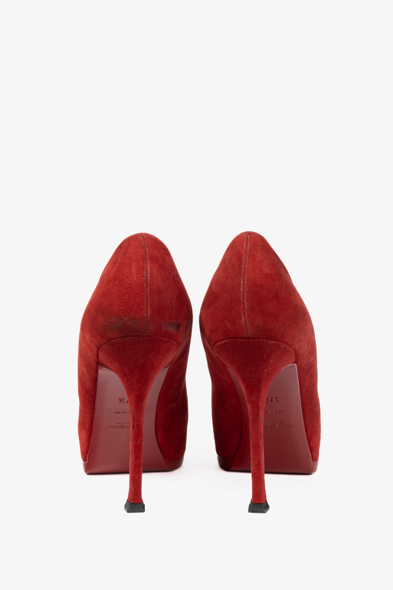 Yves Saint Laurent Tribtoo 80 Platform Poppy Kid Scamosciato & Nero Vinil Lux Cap-Toe Pumps