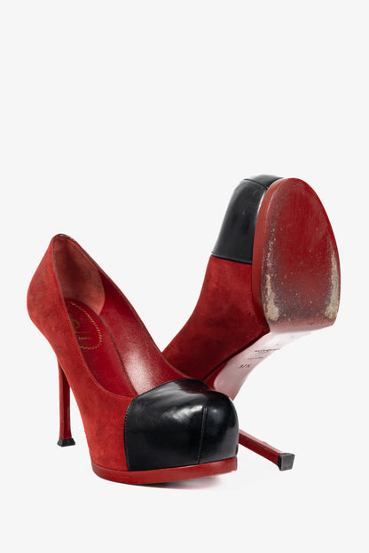 Yves Saint Laurent Tribtoo 80 Platform Poppy Kid Scamosciato & Nero Vinil Lux Cap-Toe Pumps