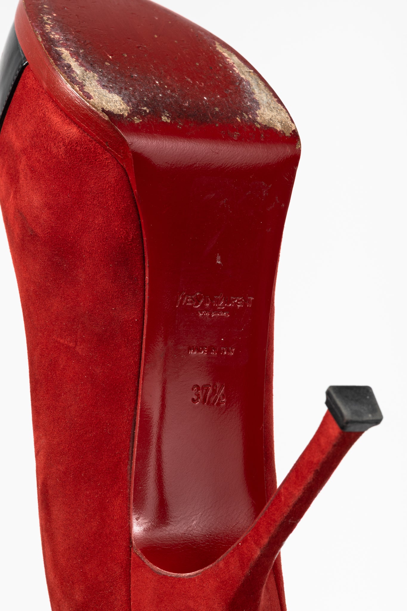 Yves Saint Laurent Tribtoo 80 Platform Poppy Kid Scamosciato & Nero Vinil Lux Cap-Toe Pumps