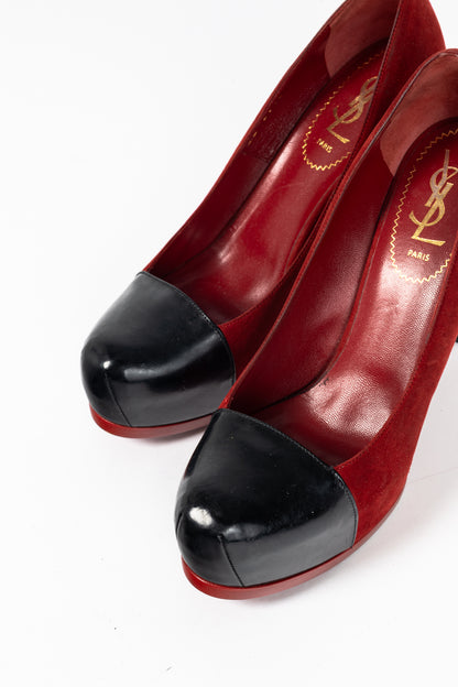 Yves Saint Laurent Tribtoo 80 Platform Poppy Kid Scamosciato & Nero Vinil Lux Cap-Toe Pumps