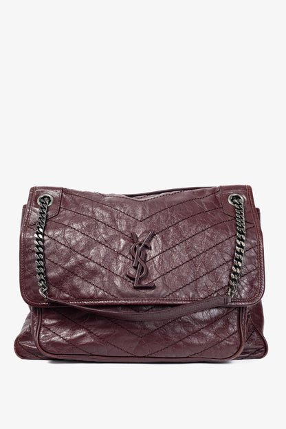 Saint Laurent Niki Bordeaux Quilted Crinkled Vintage Leather YSL-Cassandre Flap Handbag