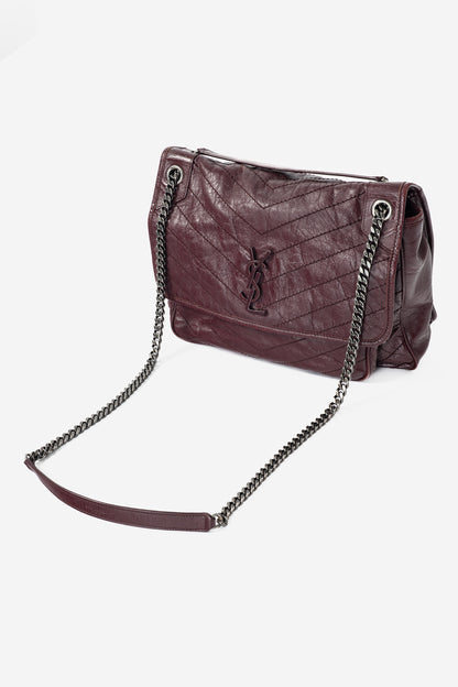 Saint Laurent Niki Bordeaux Quilted Crinkled Vintage Leather YSL-Cassandre Flap Handbag
