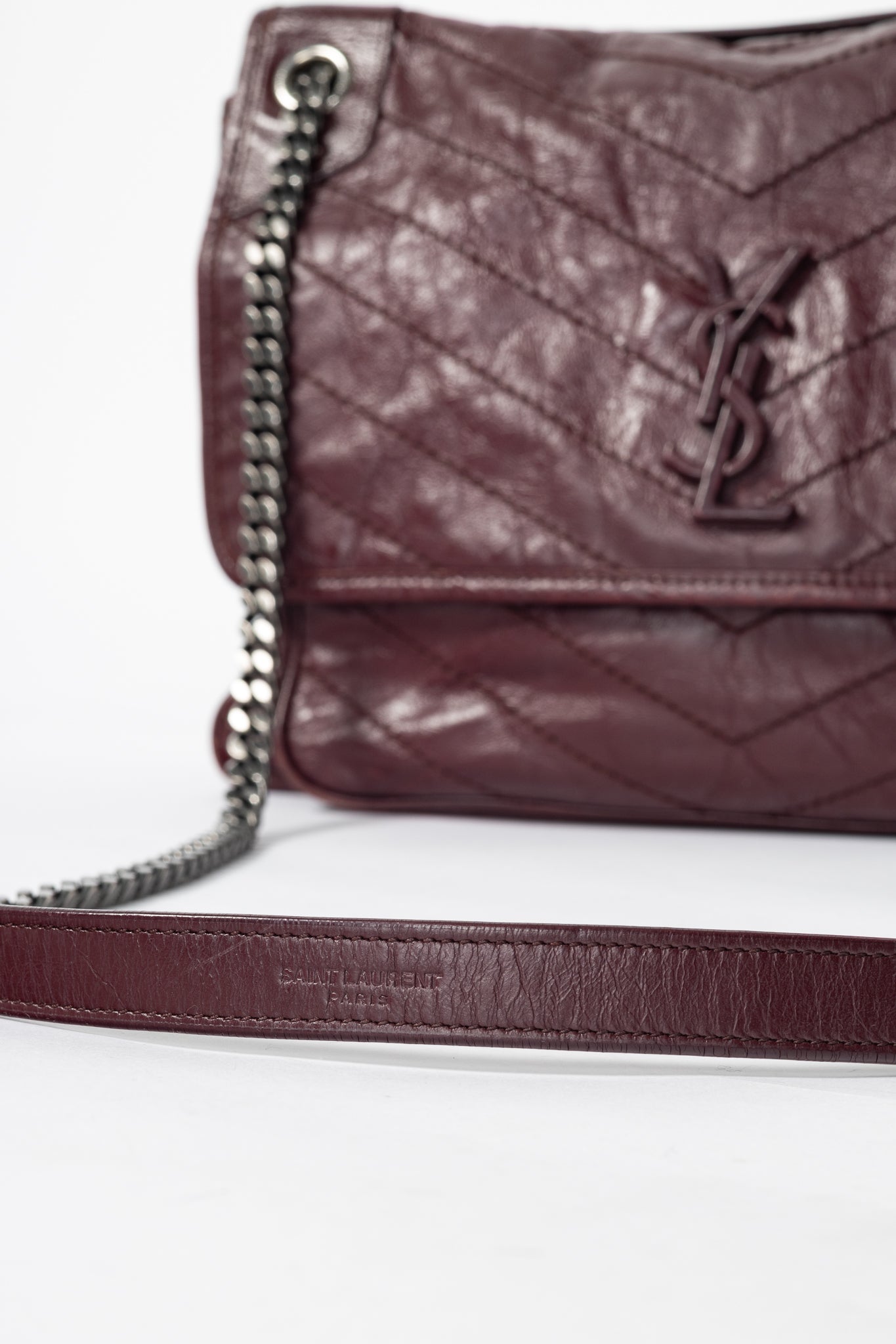 Saint Laurent Niki Bordeaux Quilted Crinkled Vintage Leather YSL-Cassandre Flap Handbag