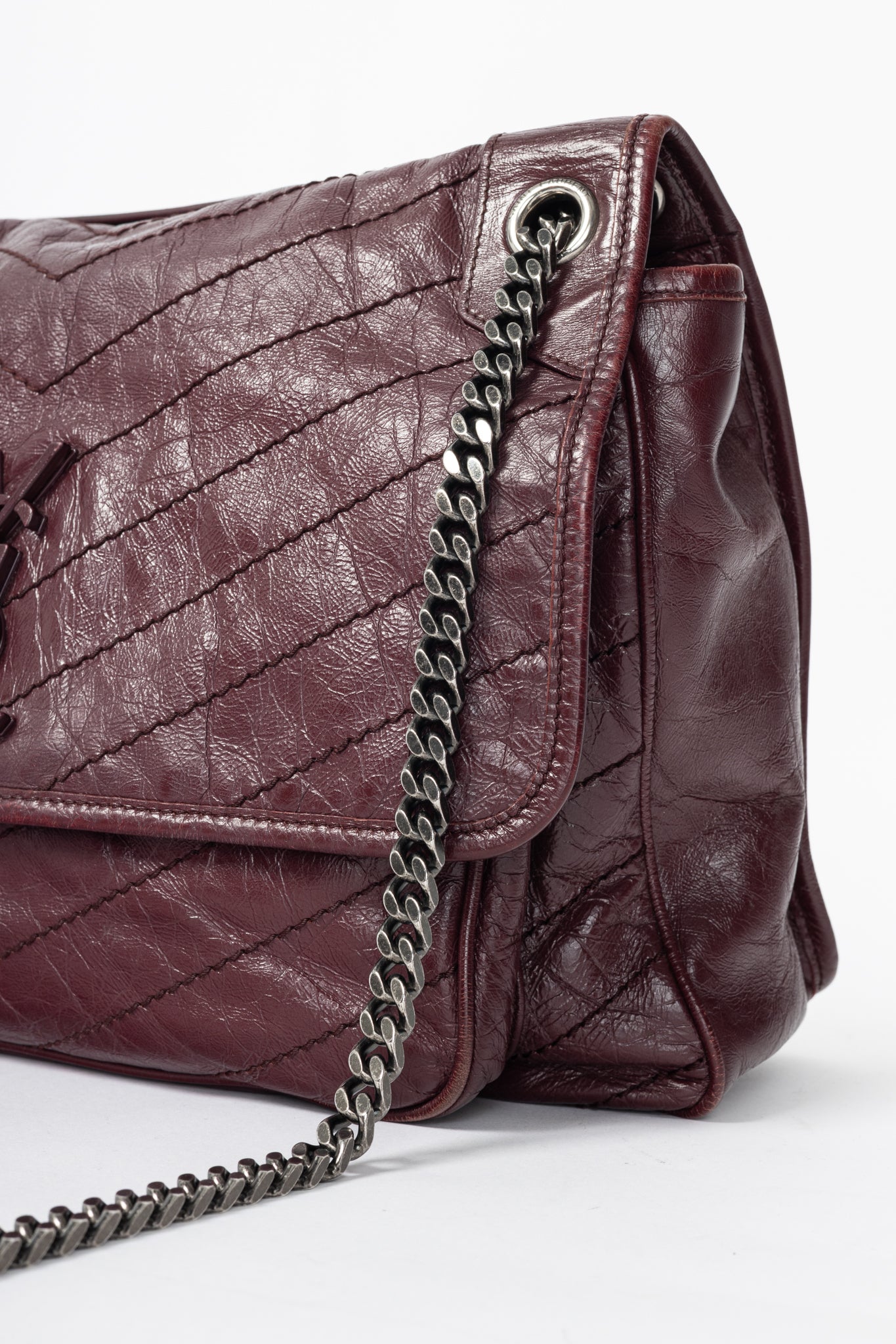 Saint Laurent Niki Bordeaux Quilted Crinkled Vintage Leather YSL-Cassandre Flap Handbag