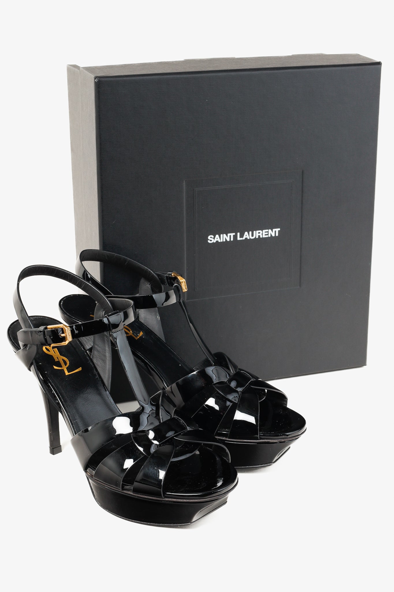 Saint Laurent Tribute Open Toe Black Patent Leather Platform Sandal