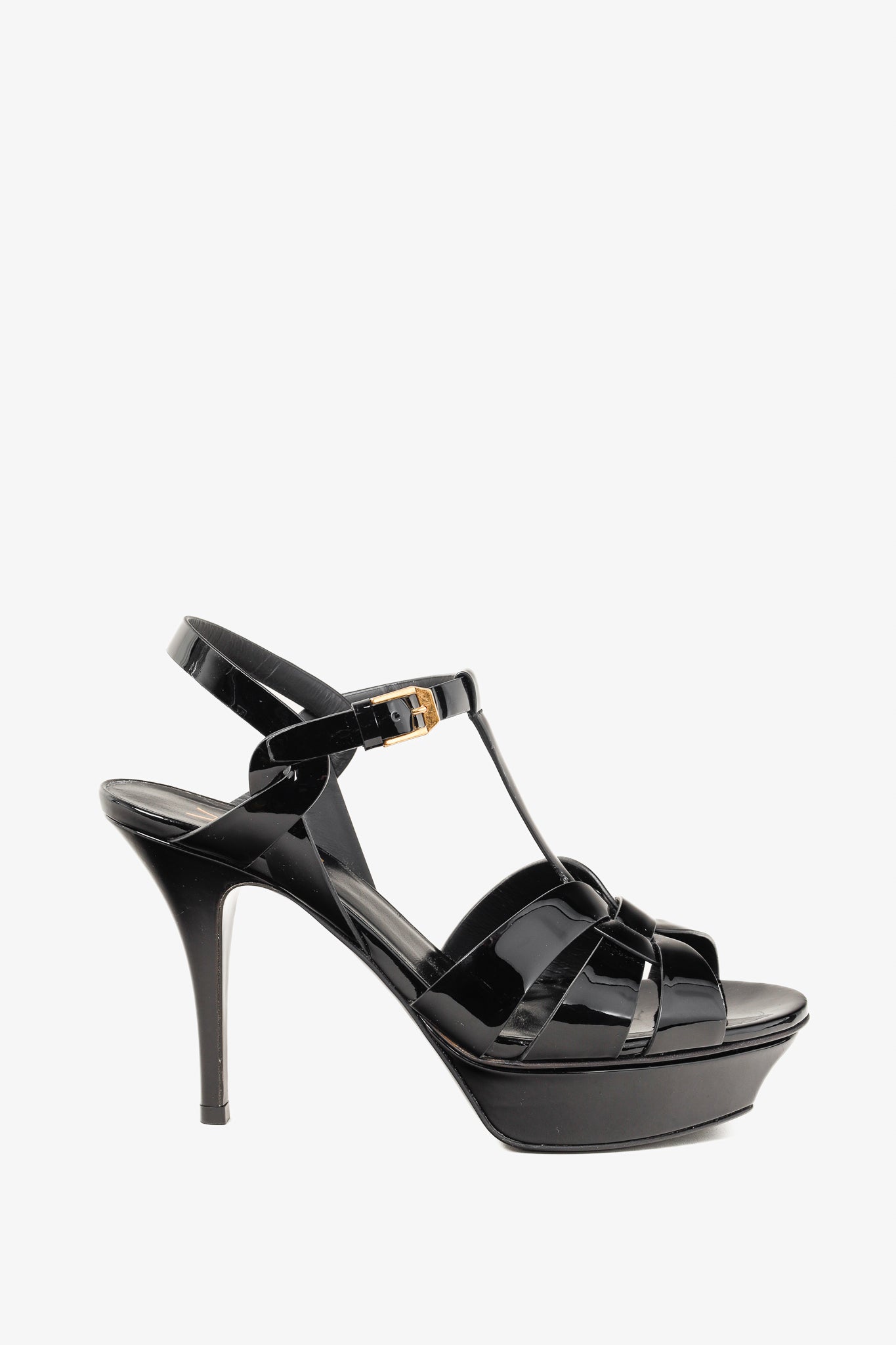 Saint Laurent Tribute Open Toe Black Patent Leather Platform Sandal