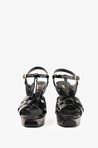 Saint Laurent Tribute Open Toe Black Patent Leather Platform Sandal