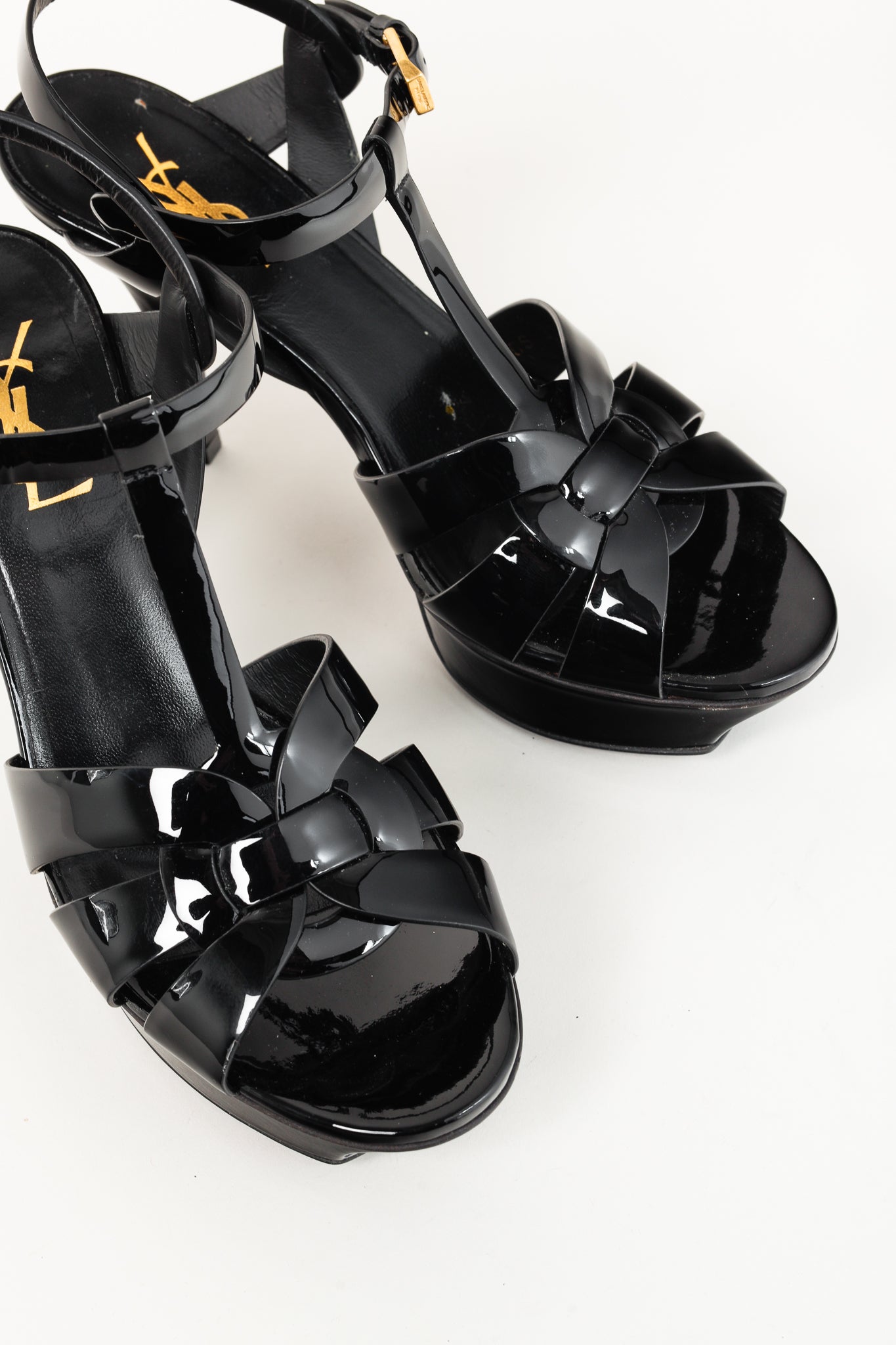 Saint Laurent Tribute Open Toe Black Patent Leather Platform Sandal