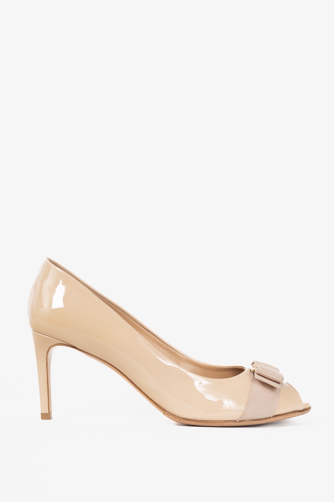 Salvatore Ferragamo Pola New Bisque Patent Calf Vara-Bow Peep-Toe Pumps