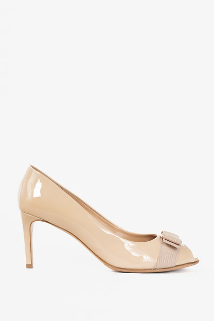 Salvatore Ferragamo Pola New Bisque Patent Calf Vara-Bow Peep-Toe Pumps