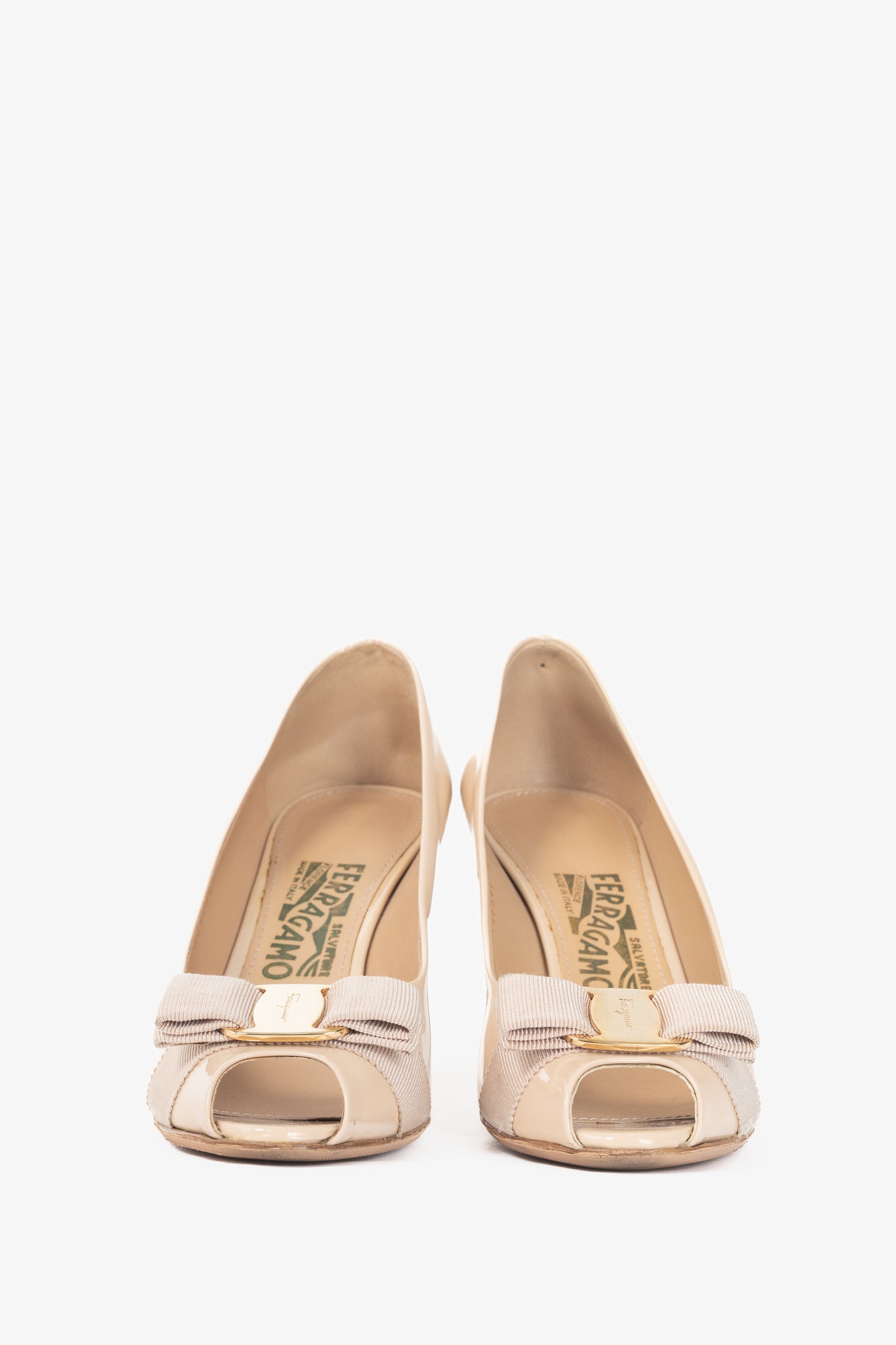 Salvatore Ferragamo Pola New Bisque Patent Calf Vara-Bow Peep-Toe Pumps