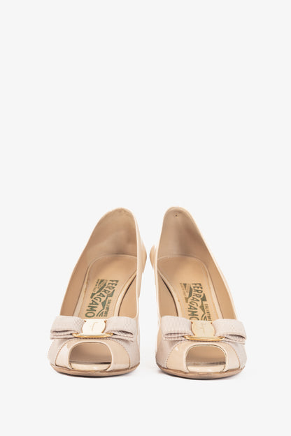 Salvatore Ferragamo Pola New Bisque Patent Calf Vara-Bow Peep-Toe Pumps
