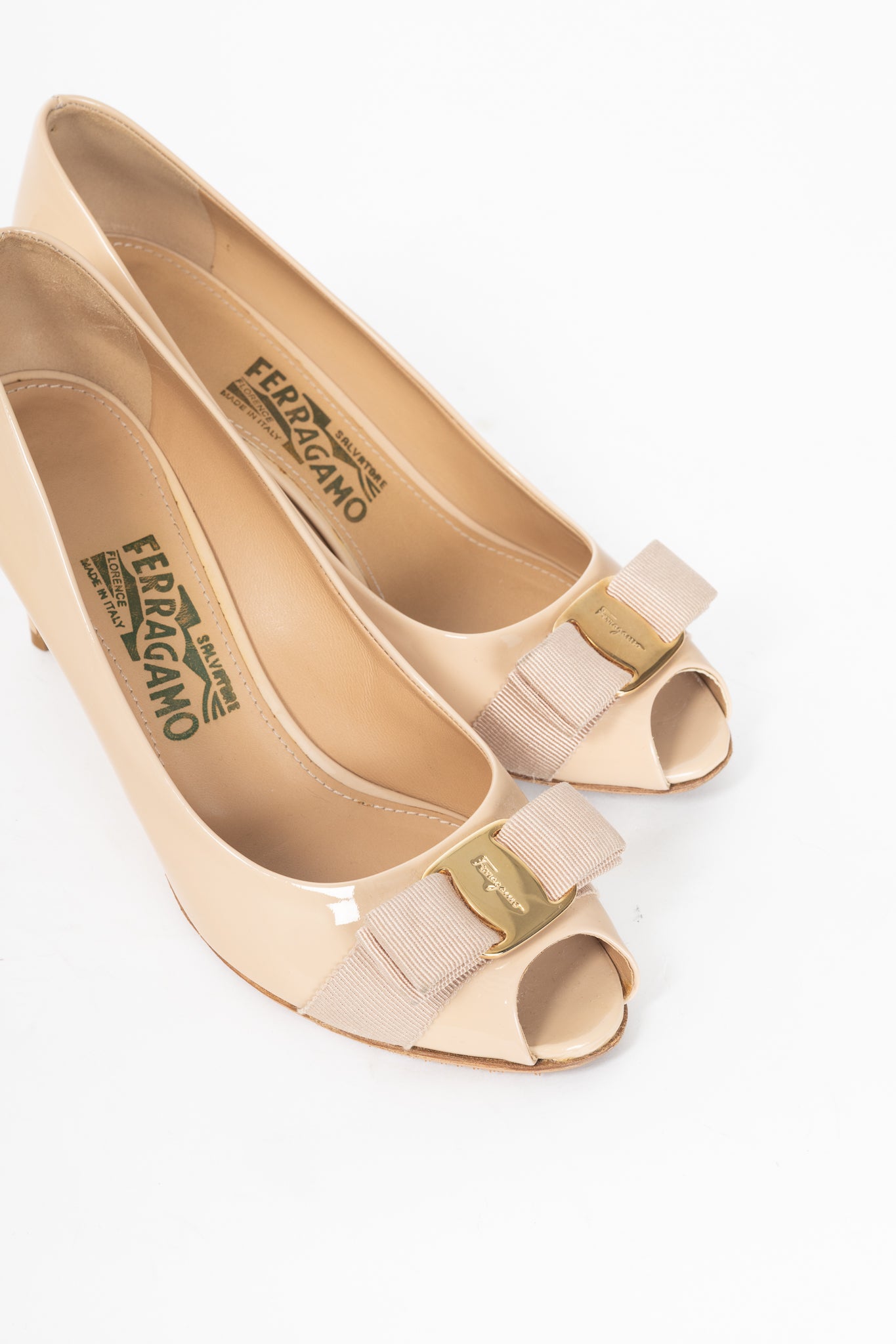 Salvatore Ferragamo Pola New Bisque Patent Calf Vara-Bow Peep-Toe Pumps