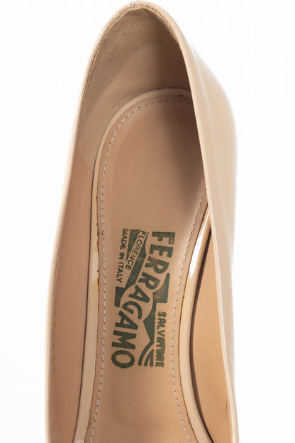 Salvatore Ferragamo Pola New Bisque Patent Calf Vara-Bow Peep-Toe Pumps