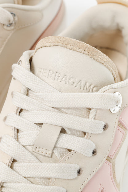 Ferragamo Dania Cream Gancini Lace-Up Leather Sneakers