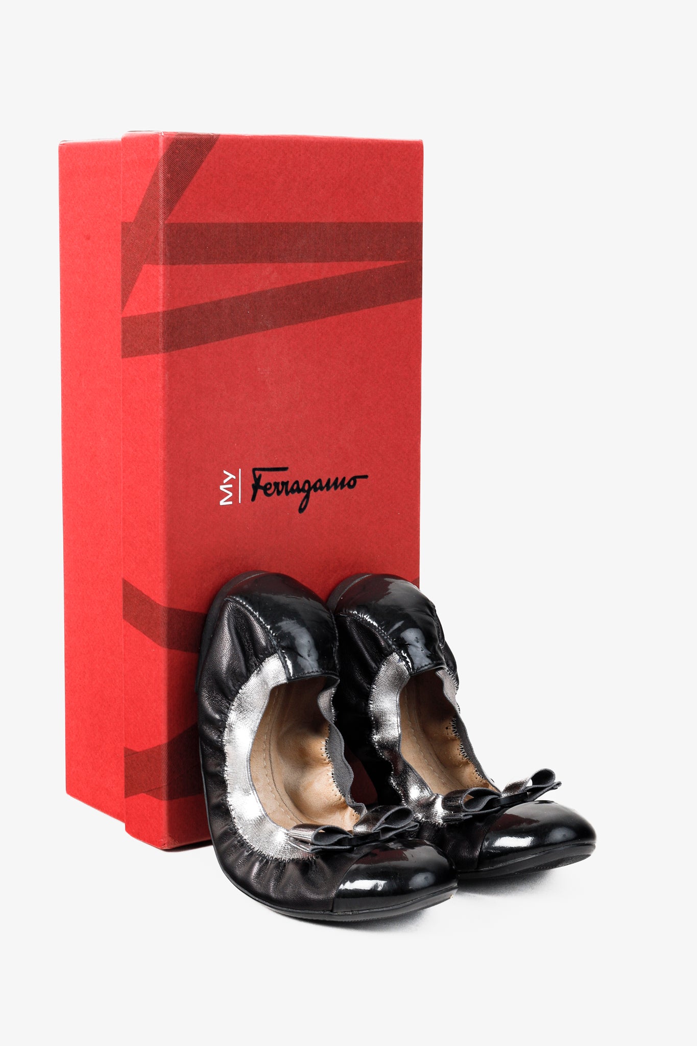 Salvatore Ferragamo Metallic Black Silver Vara Patent Ballet Flat