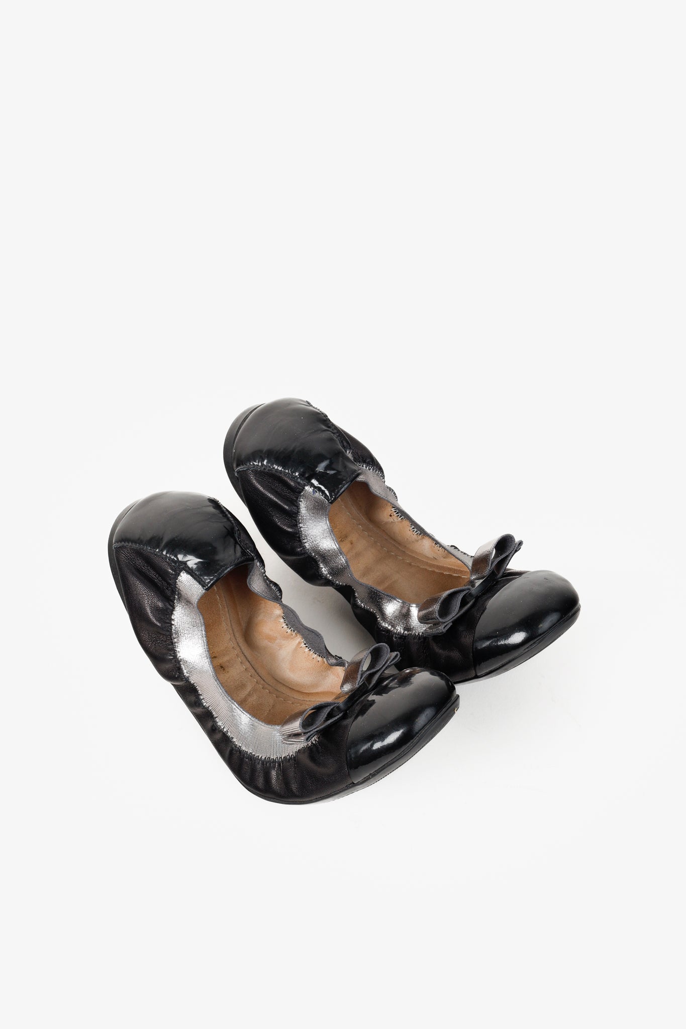 Salvatore Ferragamo Metallic Black Silver Vara Patent Ballet Flat