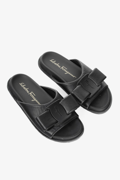 Salvatore Ferragamo Viva Black Leather Bow Mule Sandals
