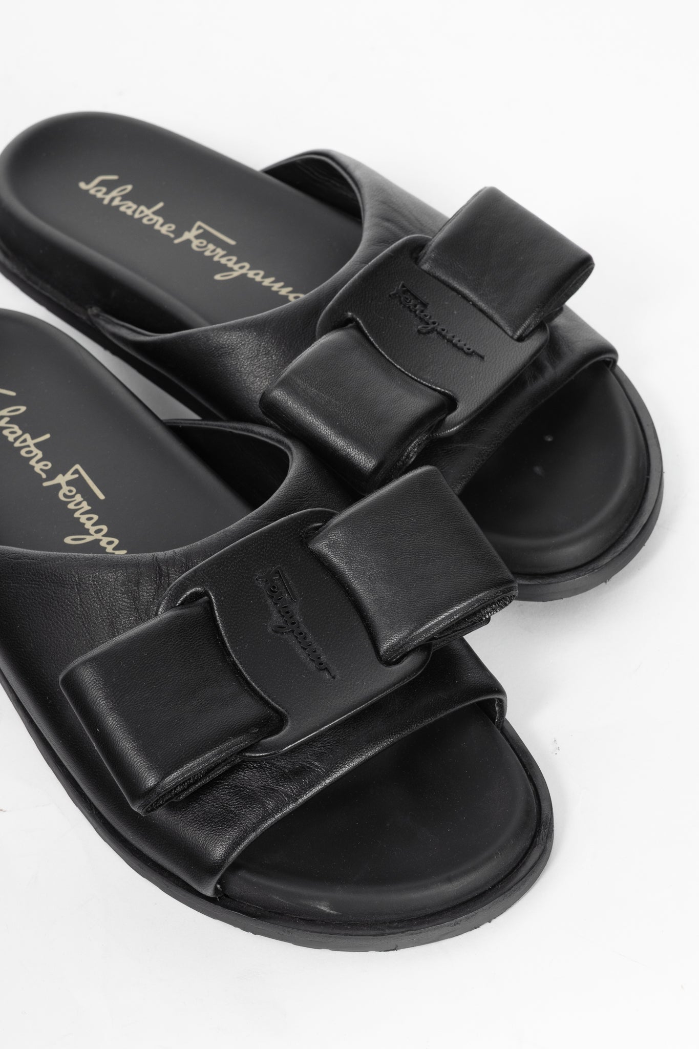 Salvatore Ferragamo Viva Black Leather Bow Mule Sandals