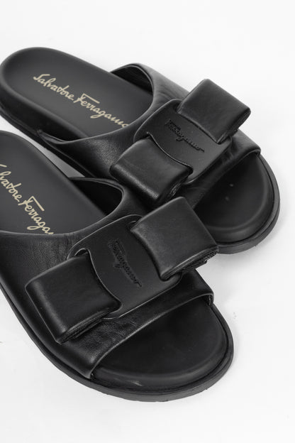 Salvatore Ferragamo Viva Black Leather Bow Mule Sandals