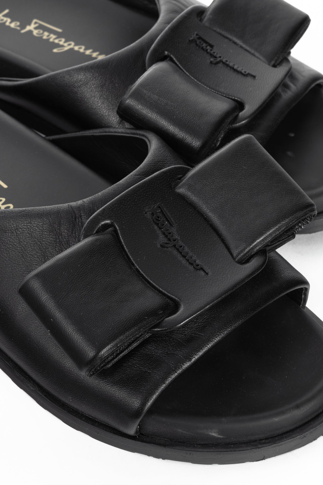 Salvatore Ferragamo Viva Black Leather Bow Mule Sandals
