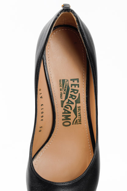 Salvatore Ferragamo Pearlette Black Peep-Toe Wedge Heels