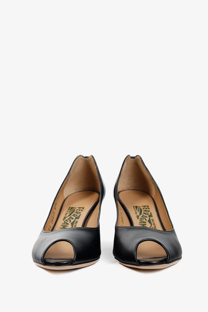 Salvatore Ferragamo Pearlette Black Peep-Toe Wedge Heels