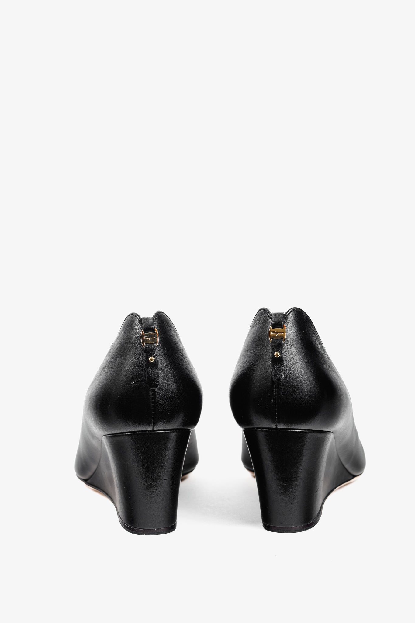 Salvatore Ferragamo Pearlette Black Peep-Toe Wedge Heels