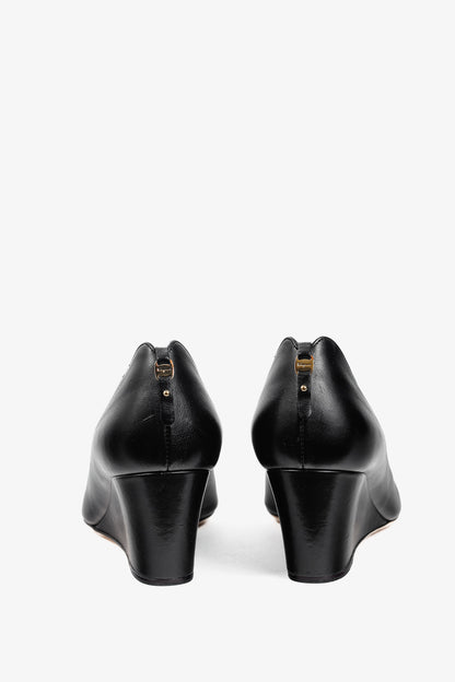 Salvatore Ferragamo Pearlette Black Peep-Toe Wedge Heels