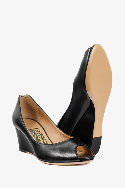 Salvatore Ferragamo Pearlette Black Peep-Toe Wedge Heels