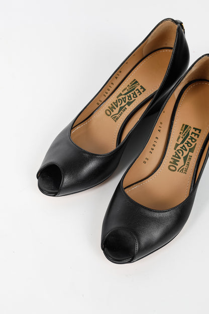 Salvatore Ferragamo Pearlette Black Peep-Toe Wedge Heels