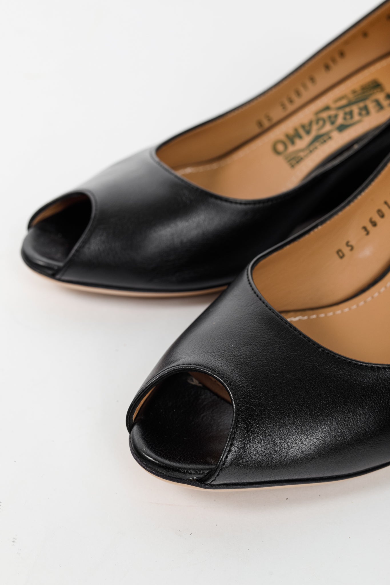 Salvatore Ferragamo Pearlette Black Peep-Toe Wedge Heels
