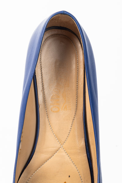 Salvatore Ferragamo Varina Blue Leather Bow Ballet Flats