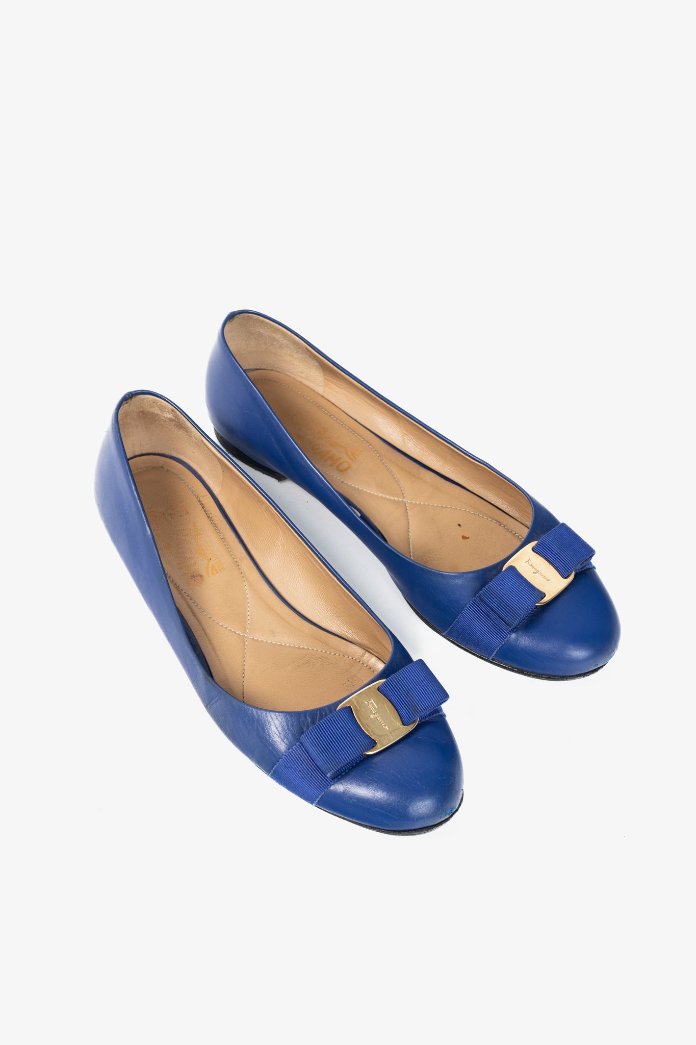 Salvatore Ferragamo Varina Blue Leather Bow Ballet Flats